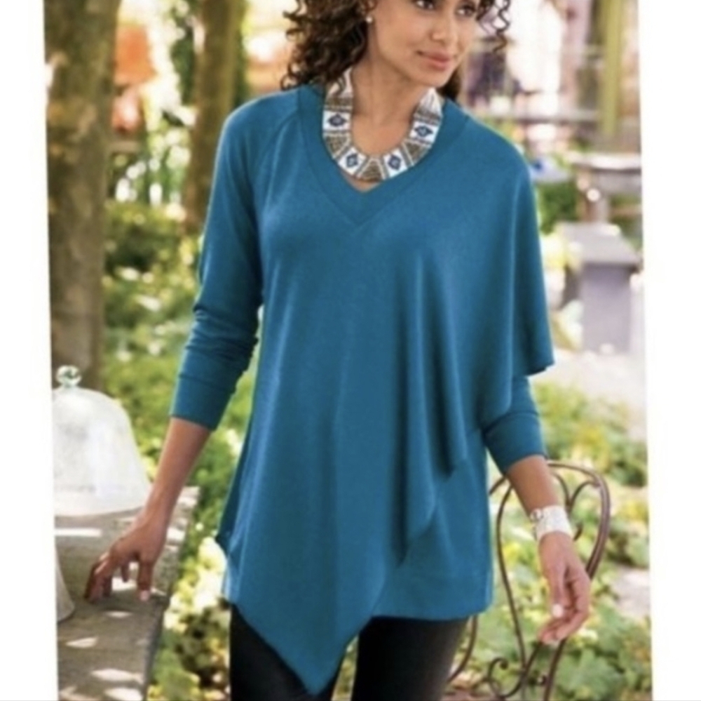 Soft Surroundings Madison Cape Tunic top Asymmetrical Teal Soft Stretchy Sz Xl